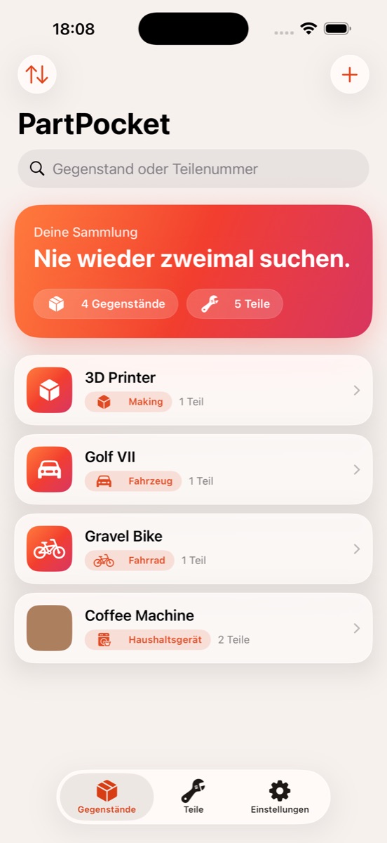 Die Liste der Gegenstände in PartPocket: Kaffeemaschine, Golf VII, Gravel Bike und 3D-Drucker, jeweils mit Anzahl der Teile.