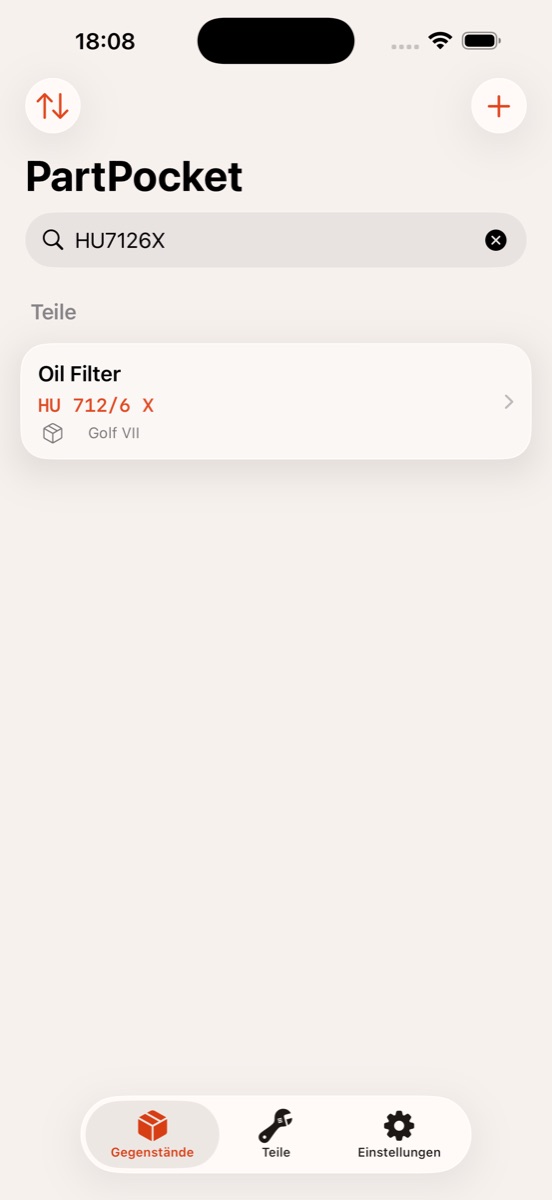Die Suche nach HU7126X findet den Ölfilter, der als HU 712/6 X gespeichert ist.