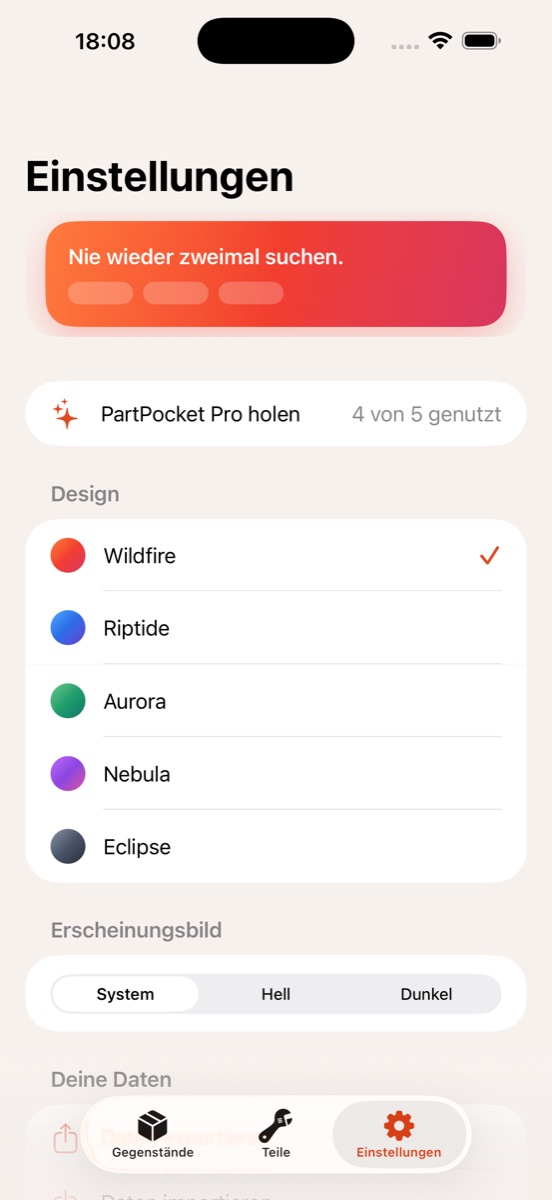 Die Einstellungen mit der Auswahl der fünf Farbwelten und der Umschaltung zwischen hell und dunkel.