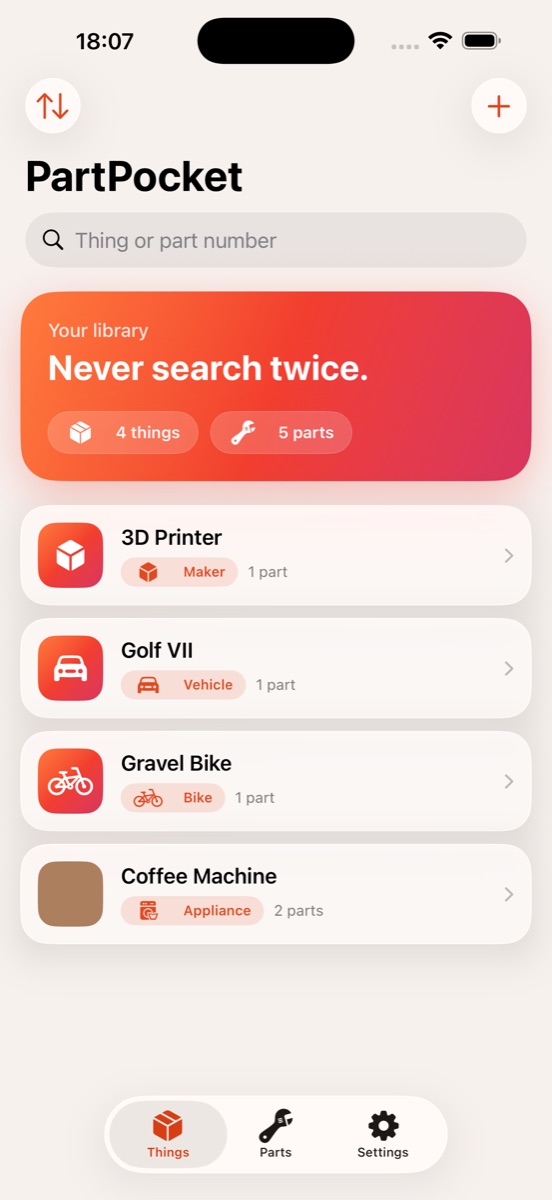 The list of things in PartPocket: coffee machine, Golf VII, gravel bike and 3D printer, each with its number of parts.